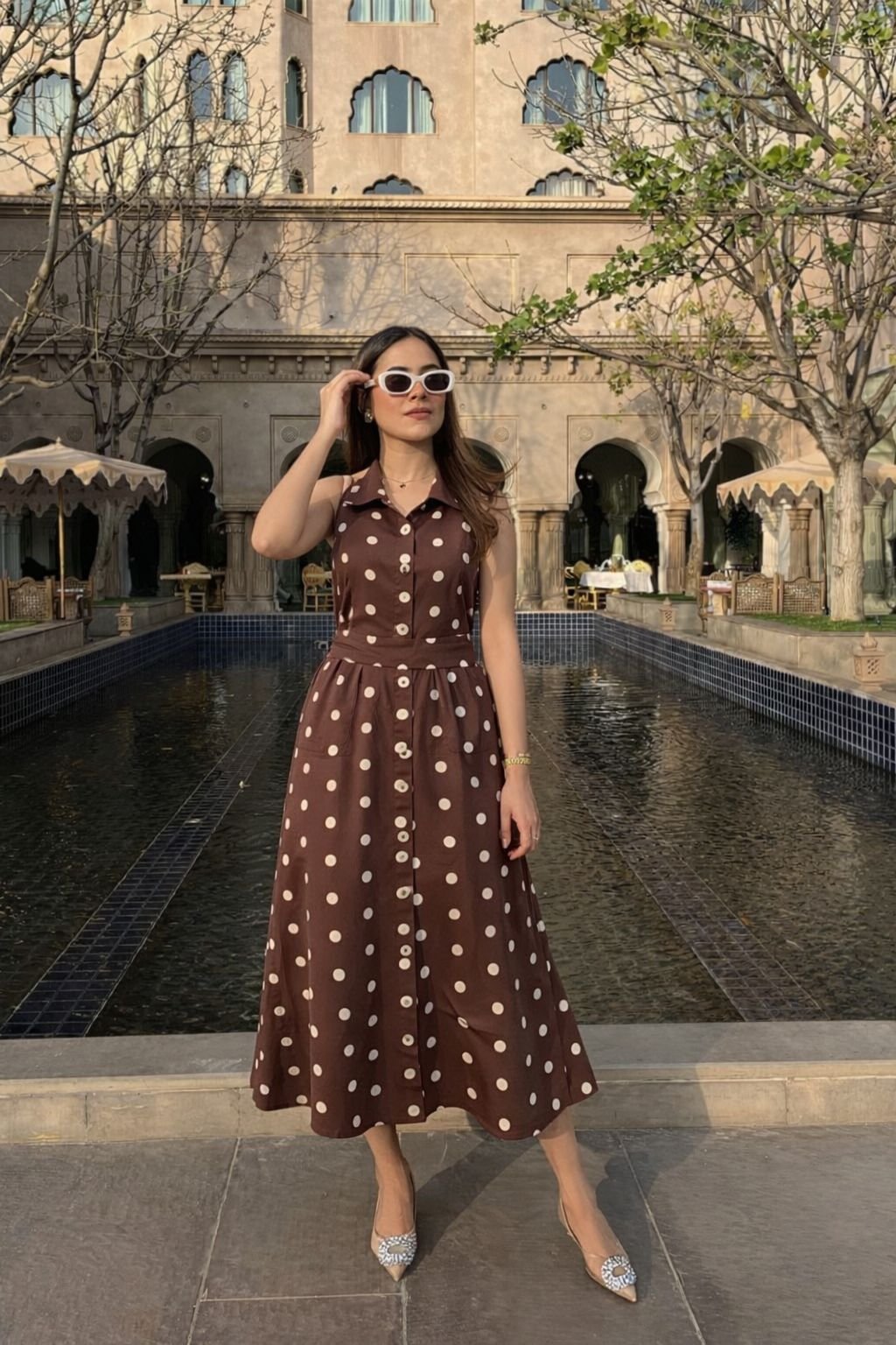Brown Satin Polka Dot Midi Shirt Dress