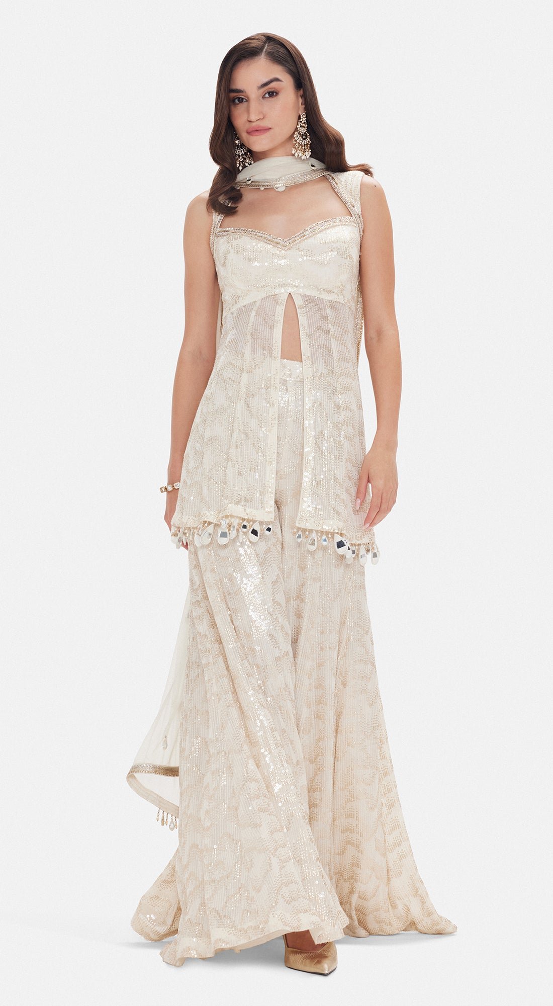 Ivory Georgette Sequin Sharara Set with Dupatta