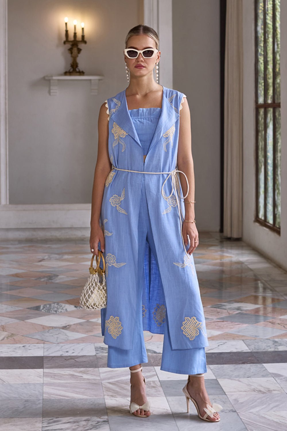 Pastel Blue Linen Embroidered 3-Piece Co-ord Set