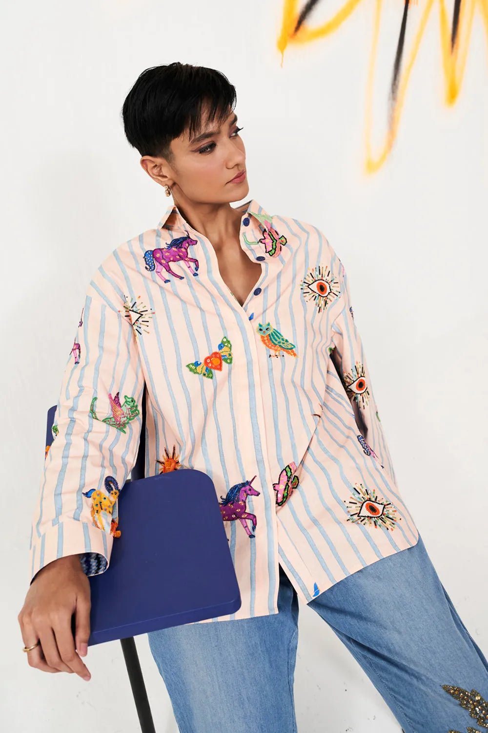 Peach Striped Cotton Poplin Embroidered Shirt