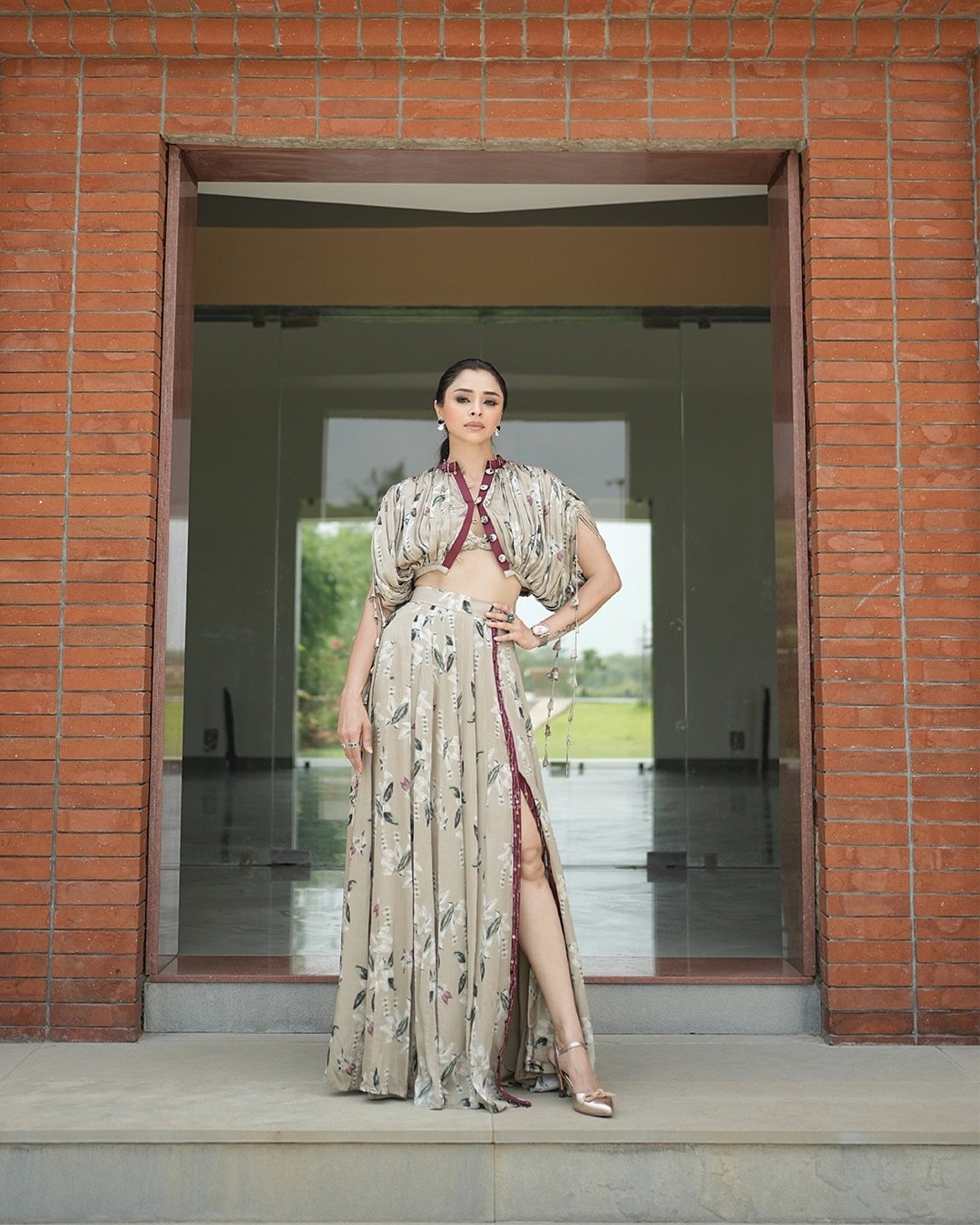 Ivory Floral 3-Piece Skirt Co-ord Set with Draped Jacket