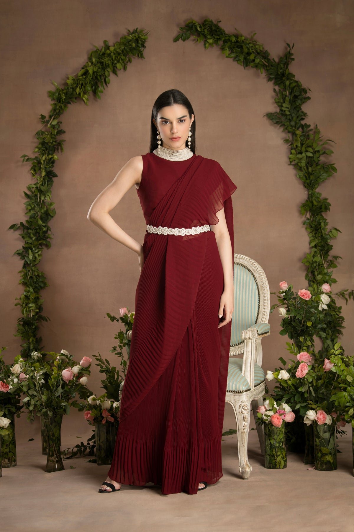 Rose Red Pre-Draped Pleated Georgette Saree Set