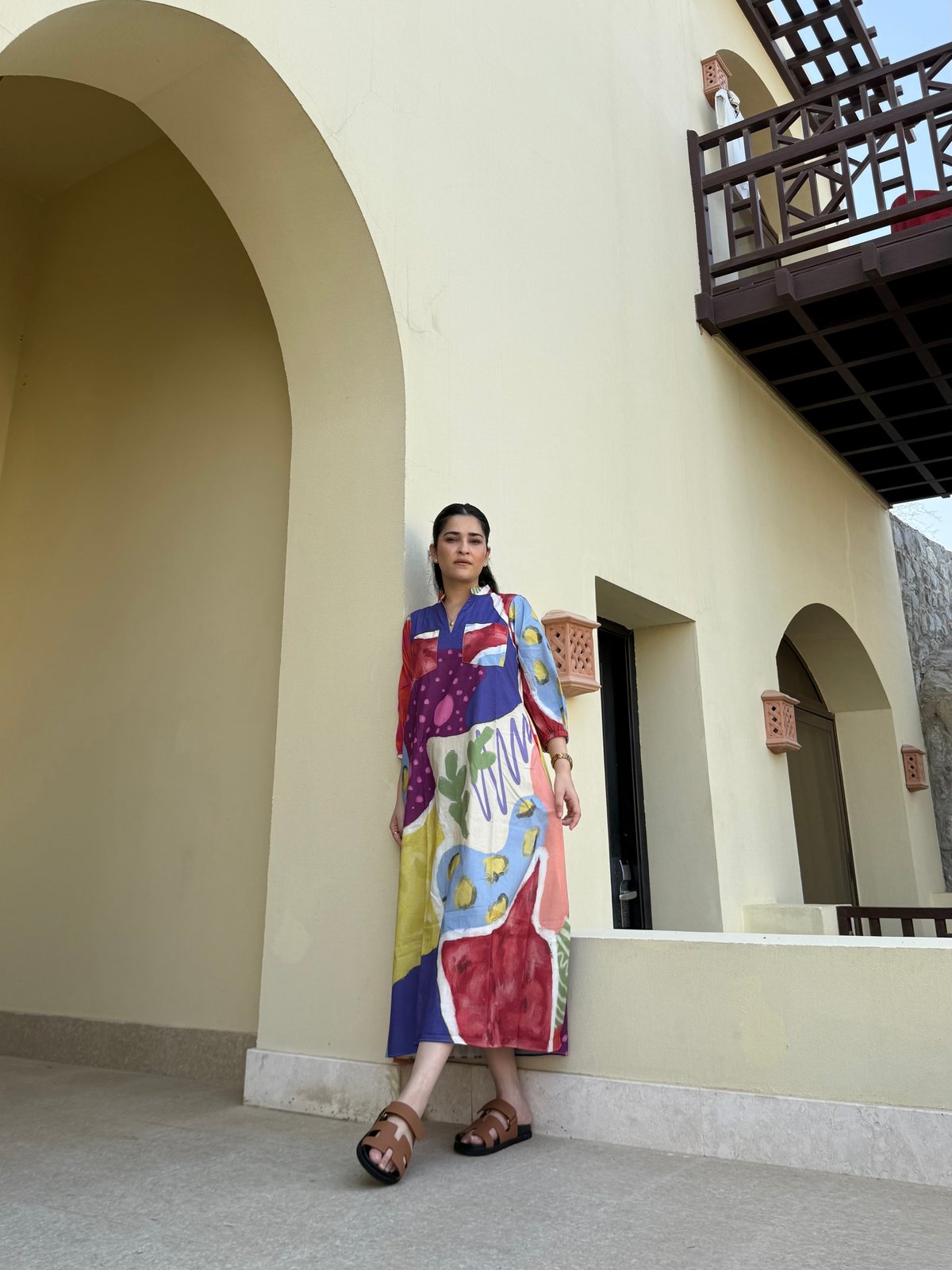 Multicolor Printed Cotton Kaftan-Style Midi Dress
