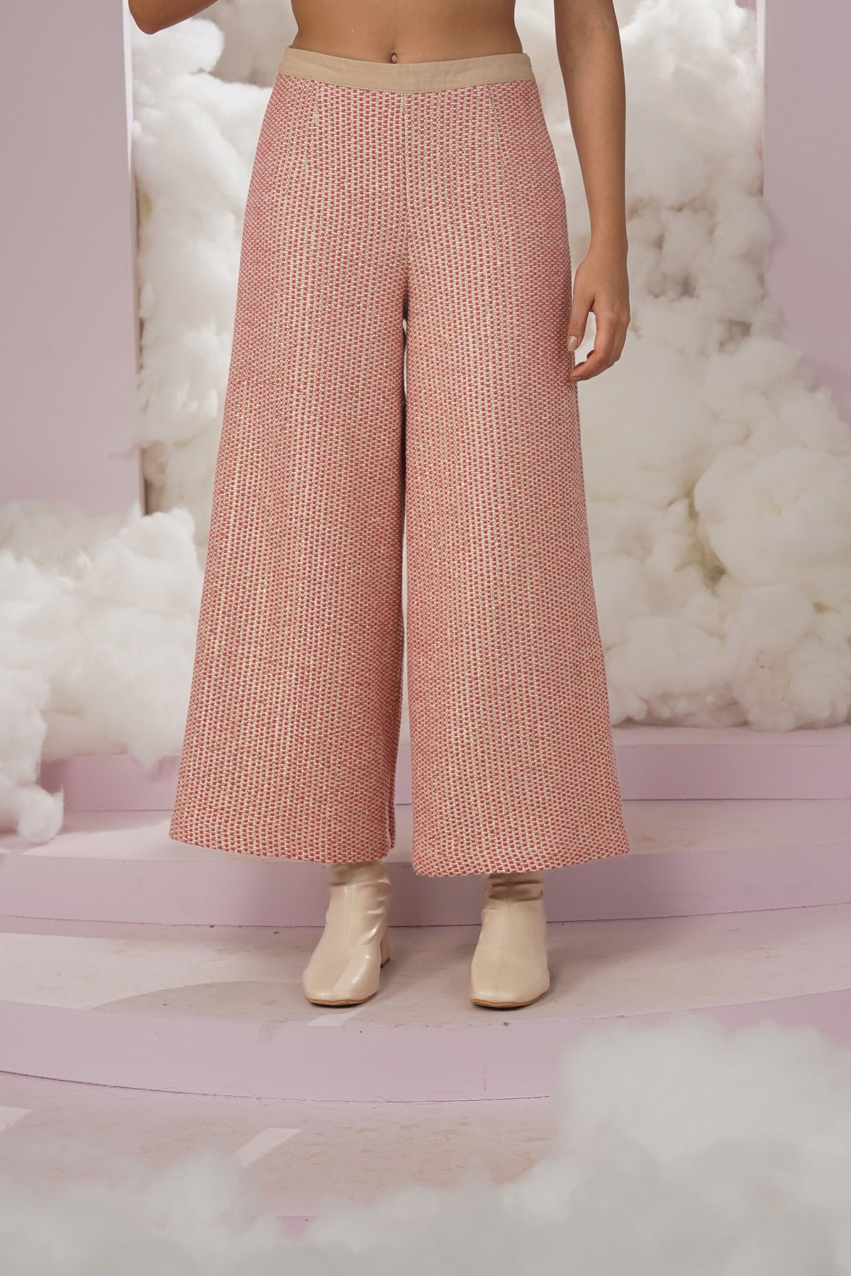 Pink Tweed Wide-Leg High-Rise Trousers