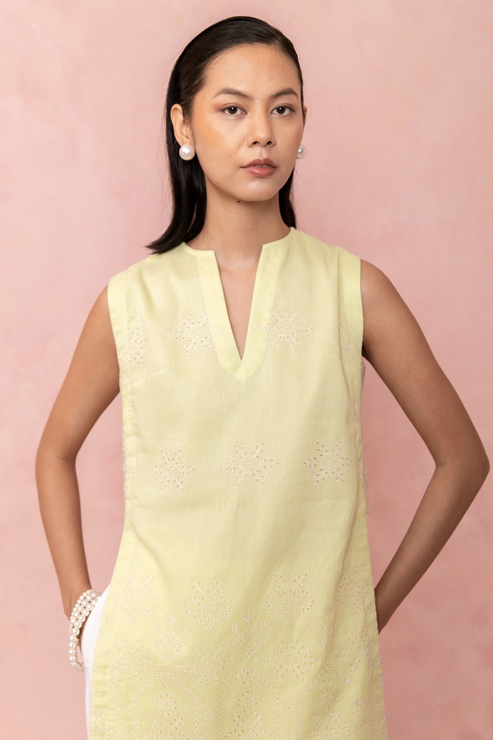 Lime Yellow Sleeveless Cutwork Embroidered Tunic Top