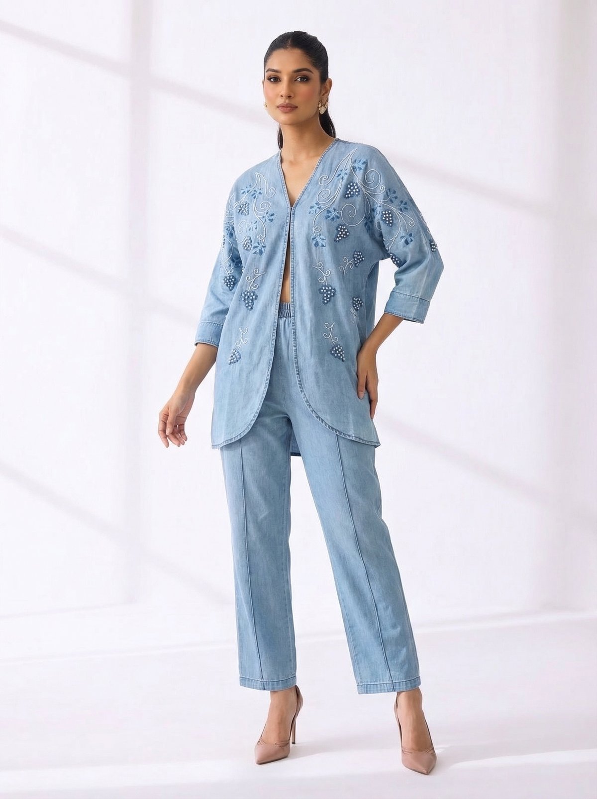 Light Blue Embroidered Kimono Top and Trouser Co-ord Set