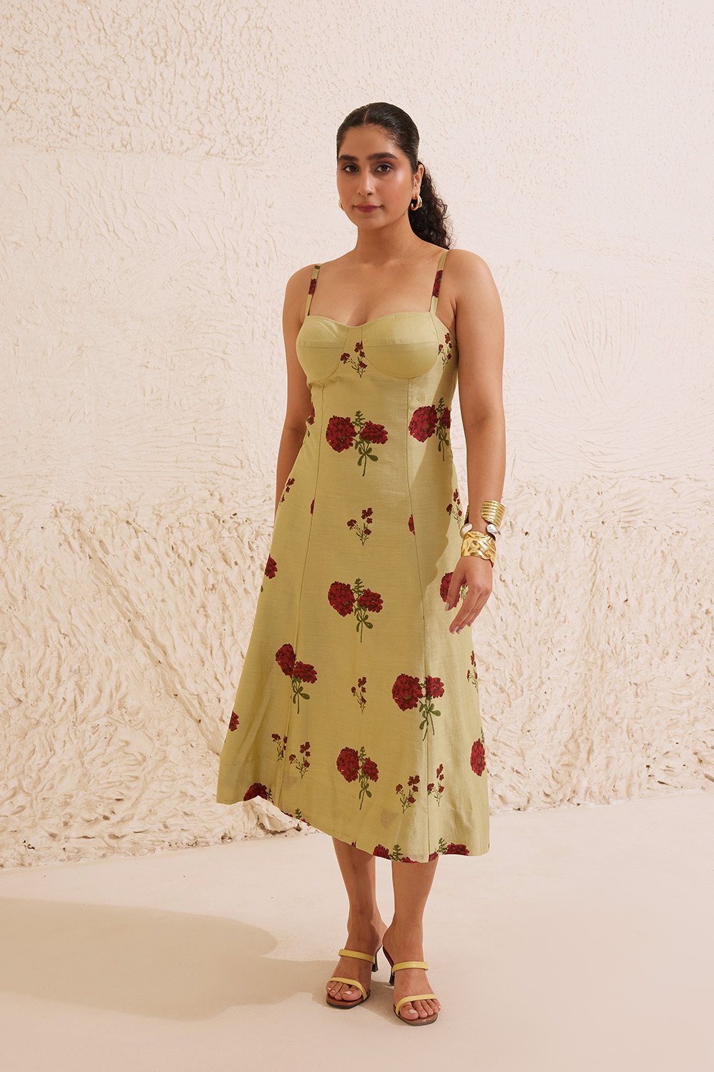Sage Green Chanderi Hand Block Floral Bustier Dress