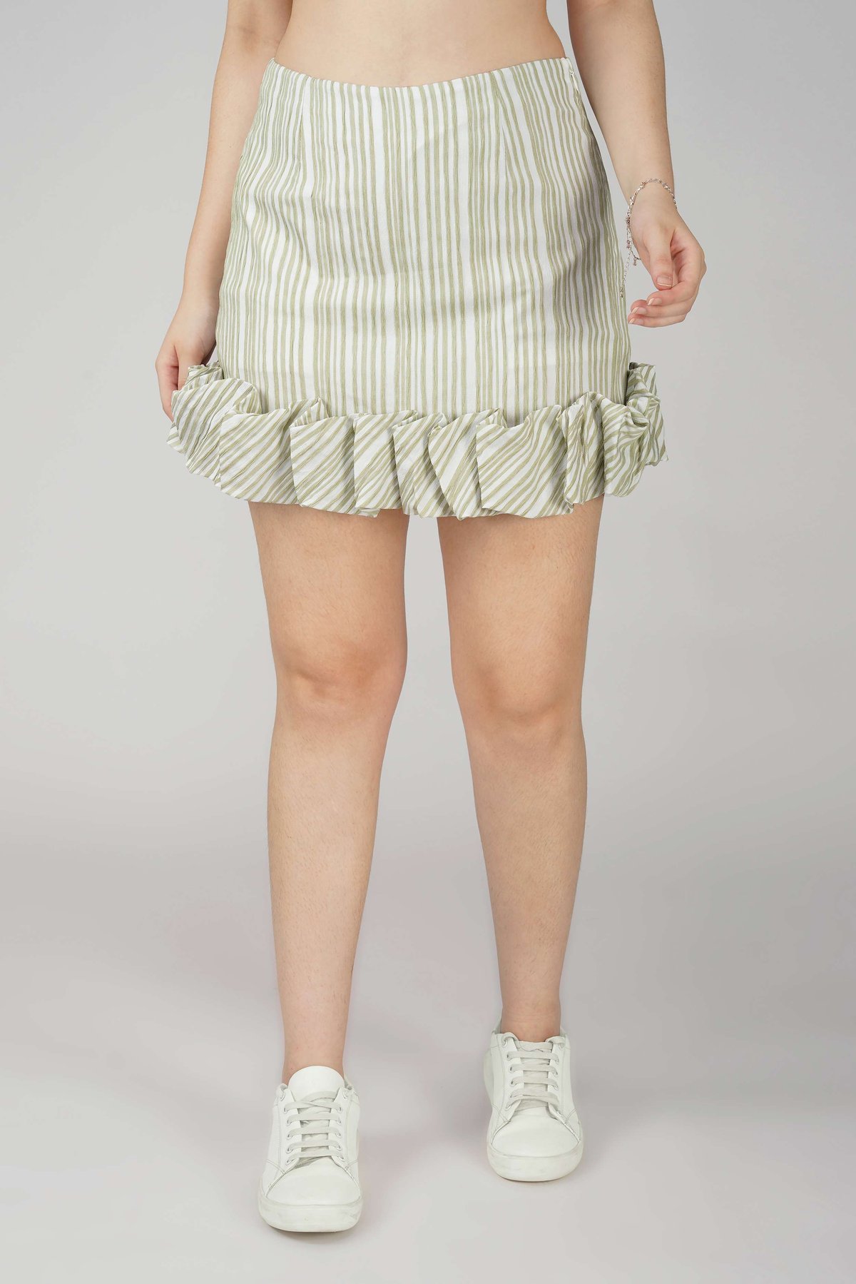 Green Striped High-Waist Mini Skirt with Ruffle Hem