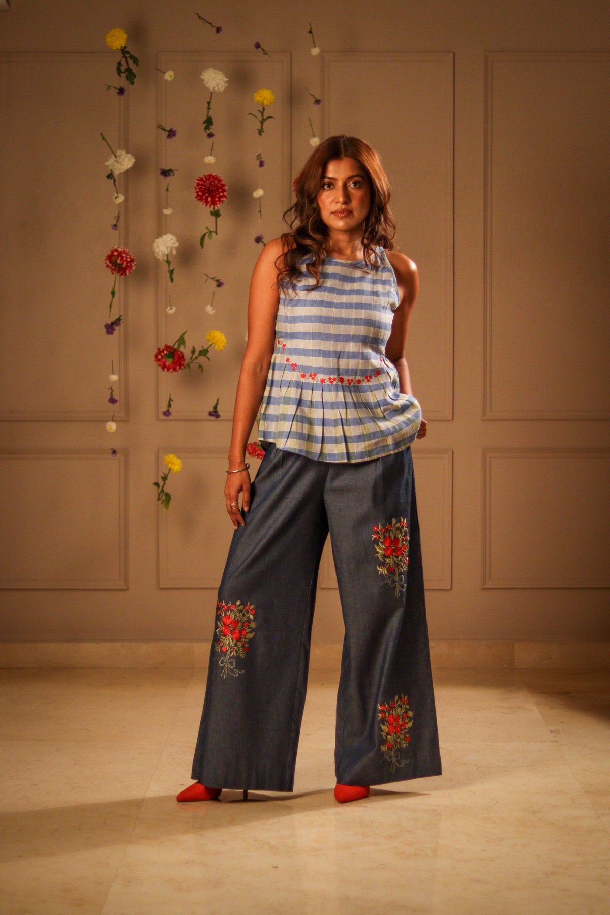 Blue and White Checked Linen Peplum Top with Embroidery