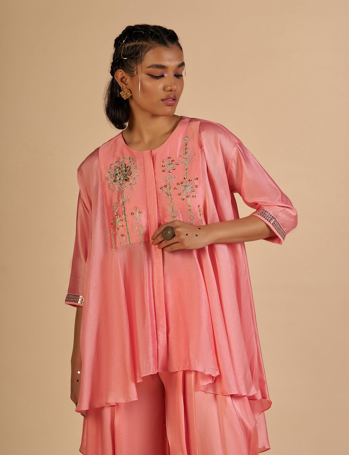 Pink Silk Chanderi Circular-Cut Asymmetric Shirt