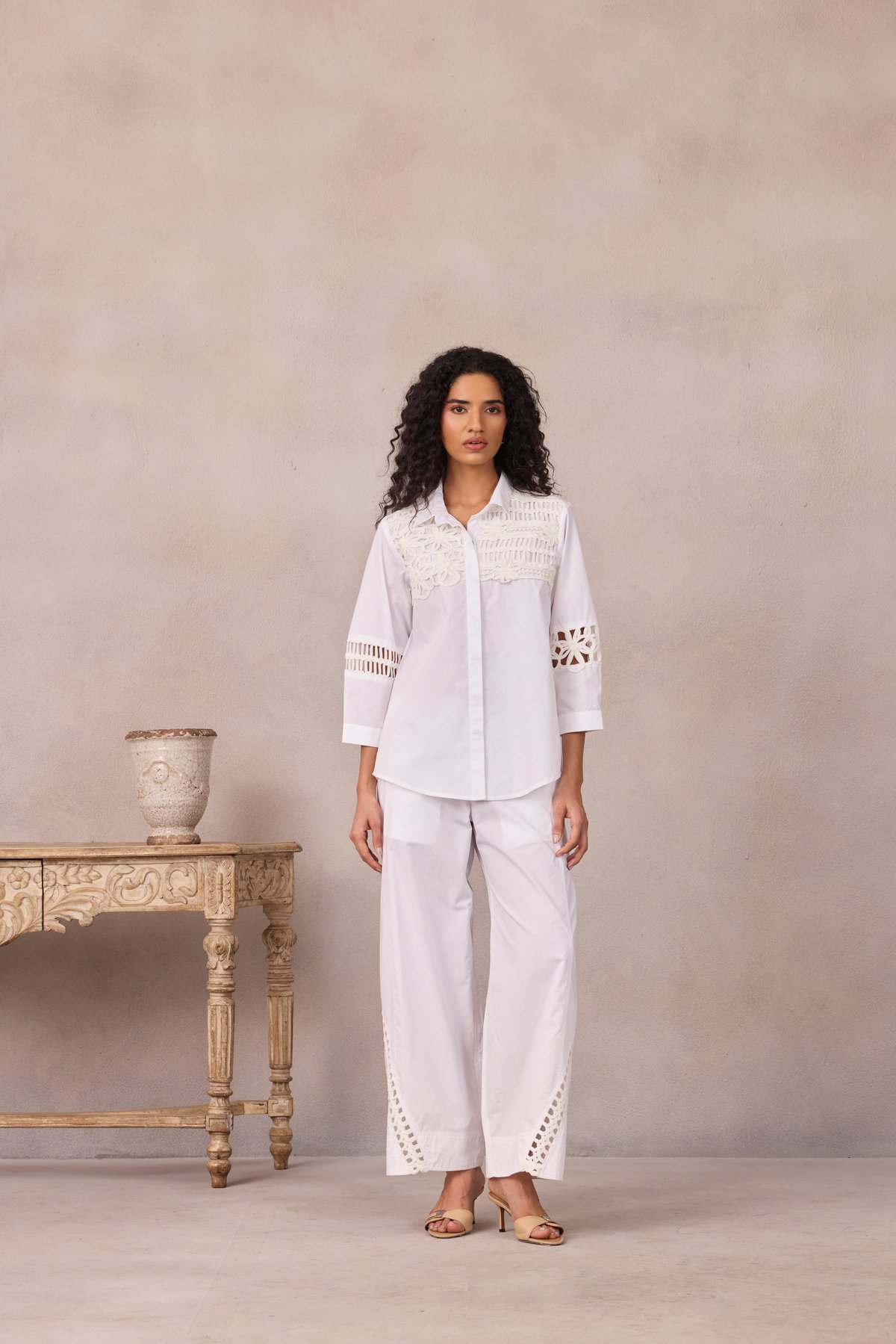 Bright White Cotton Poplin Lace Inlay Co-ord Set