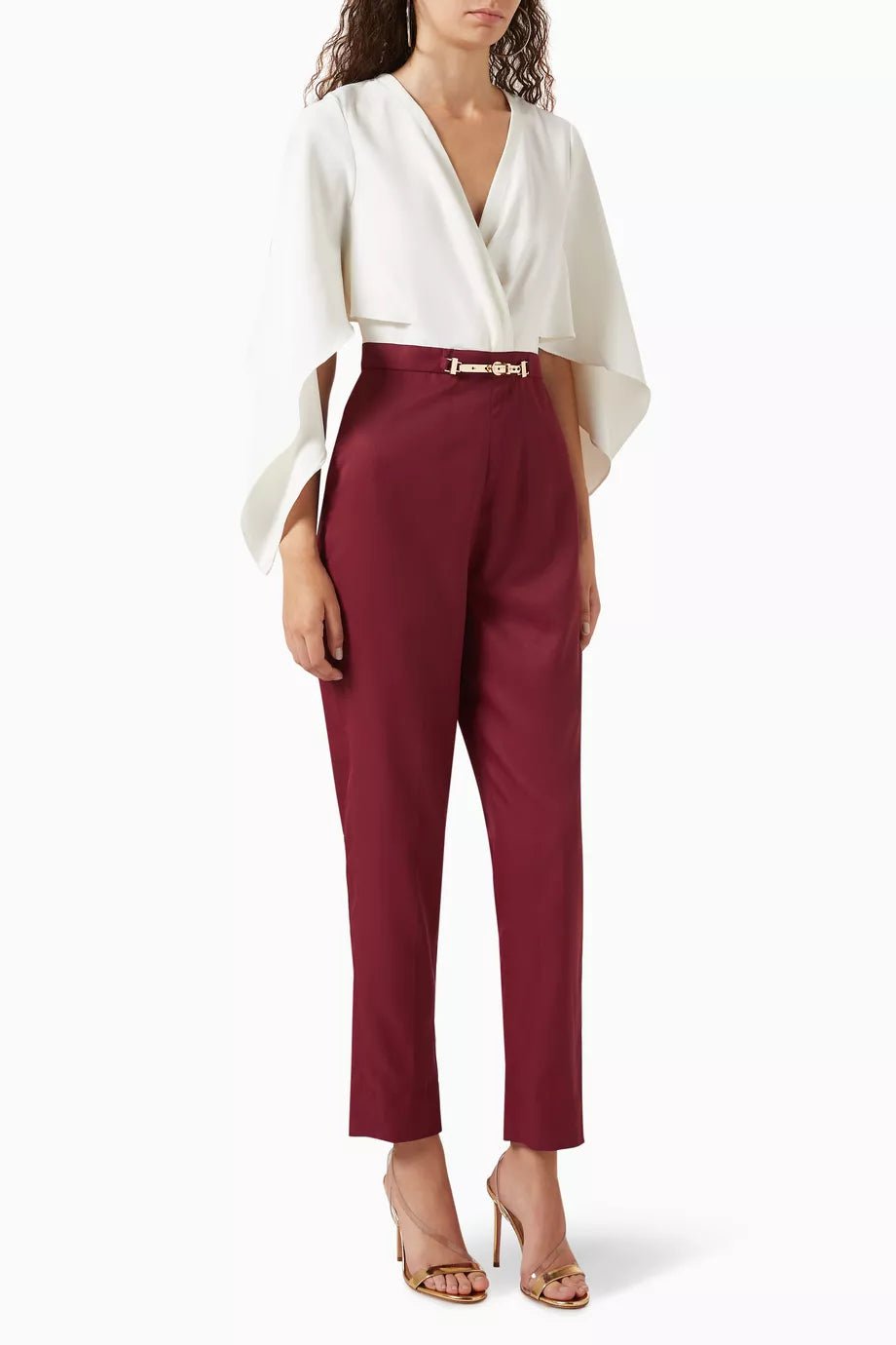 White and Wine Colorblock Cape Sleeve Jumpsuit