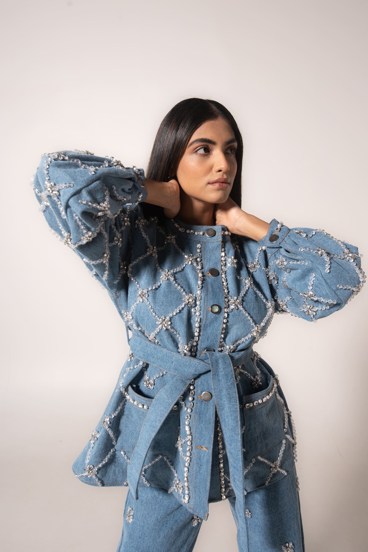 Light Blue Oversized Belted Embellished Denim Jacket