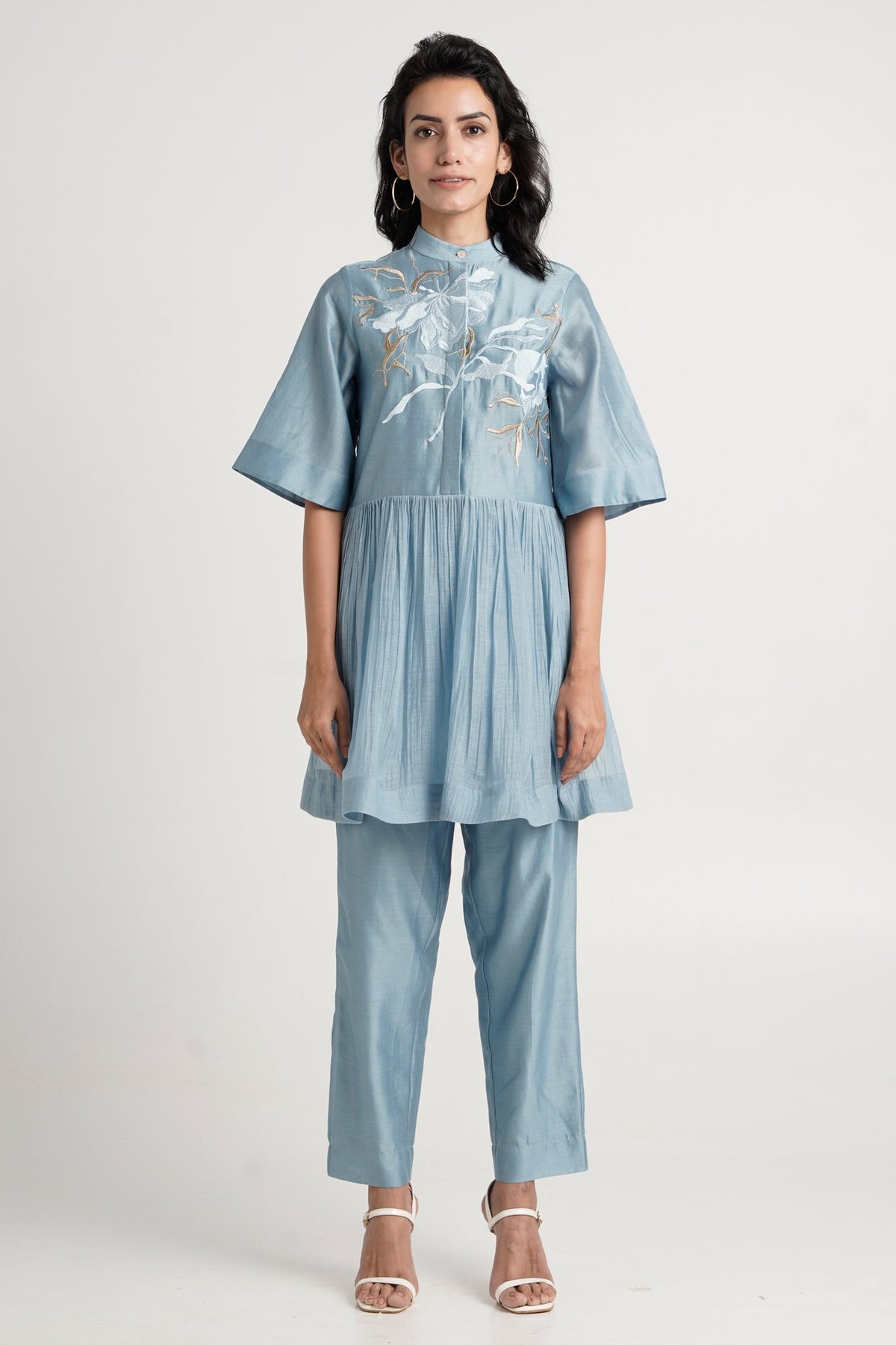 Pacific Blue Tonal Embroidery Peplum Tunic Co-ord Set