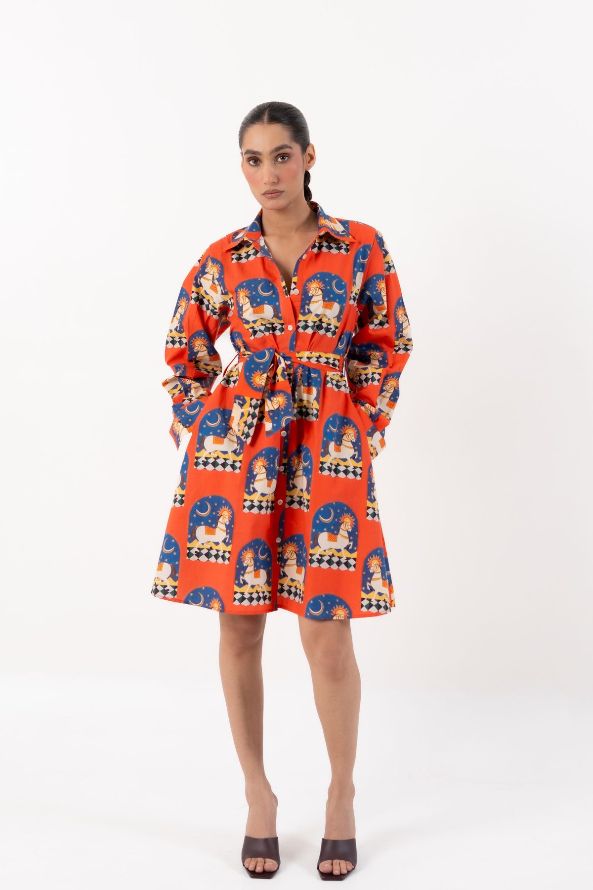 Orange-Red and Blue Graphic Print Shirt Dress with Belt