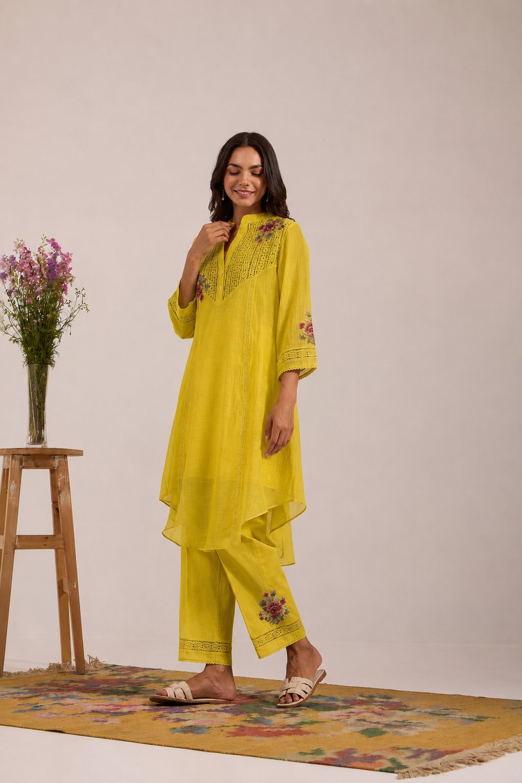 Mul Chanderi Kurta Set with V-Lace Yoke