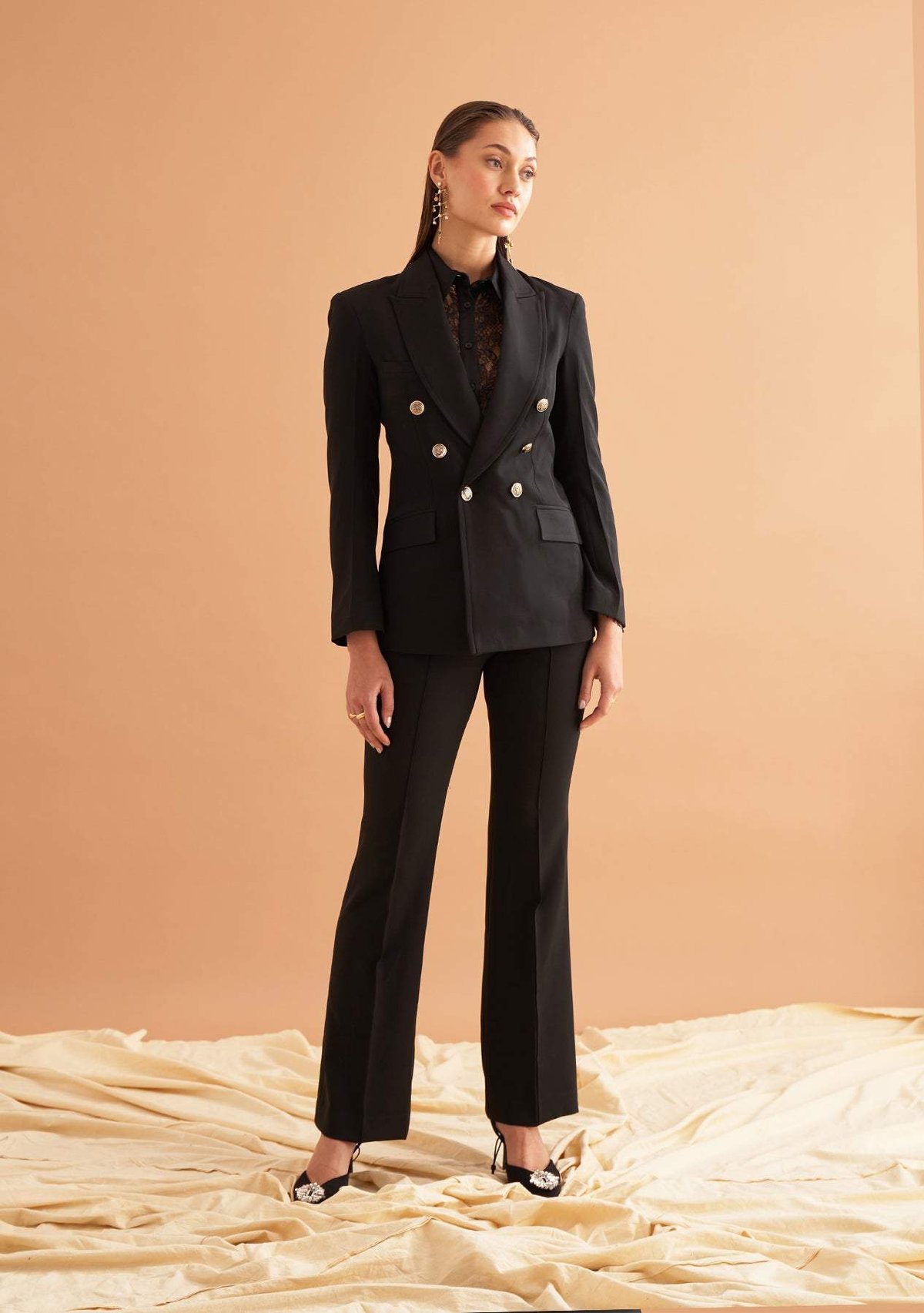 Black Double-Breasted Blazer and Flared Trousers Co-ord Set
