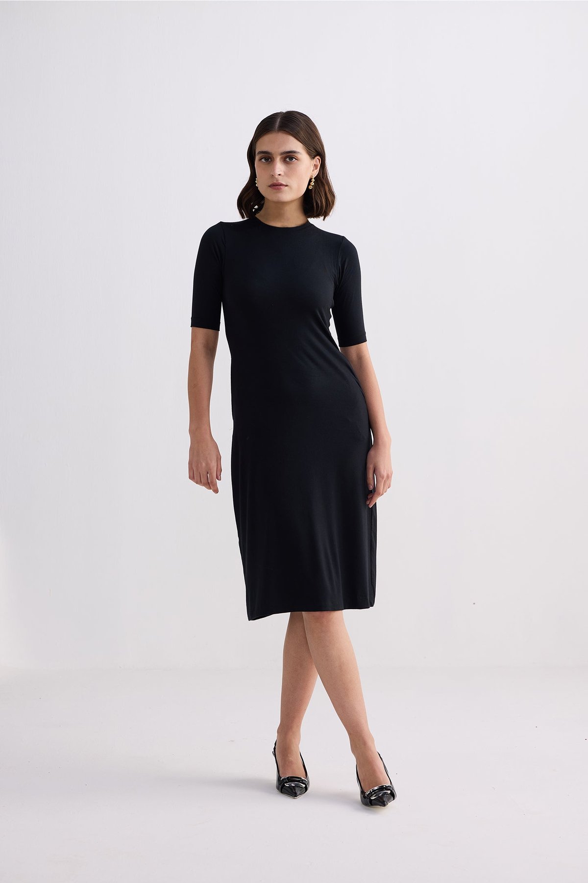 High Crew Neck Elbow Sleeves Fitted Dress