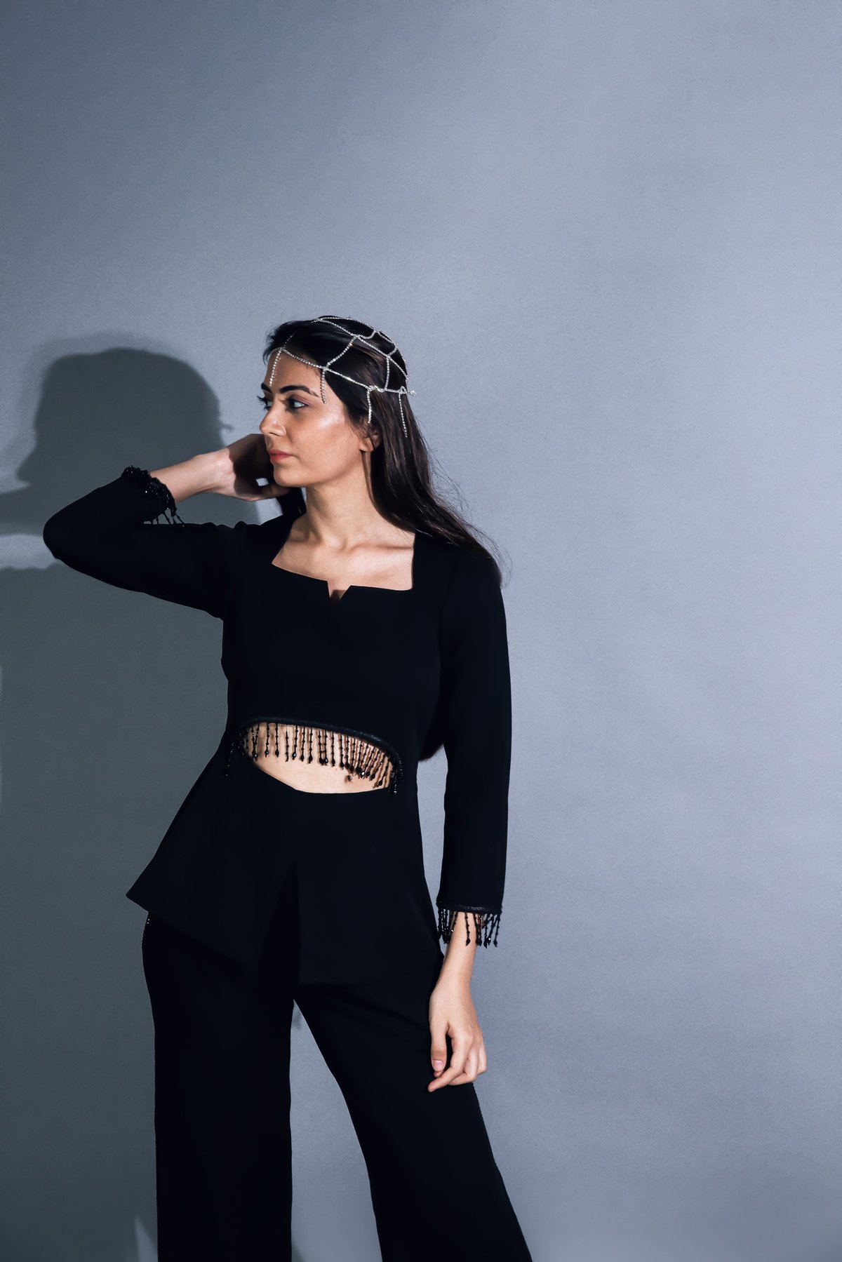 Black Peplum Cut-Out Co-ord Set with Straight Pants