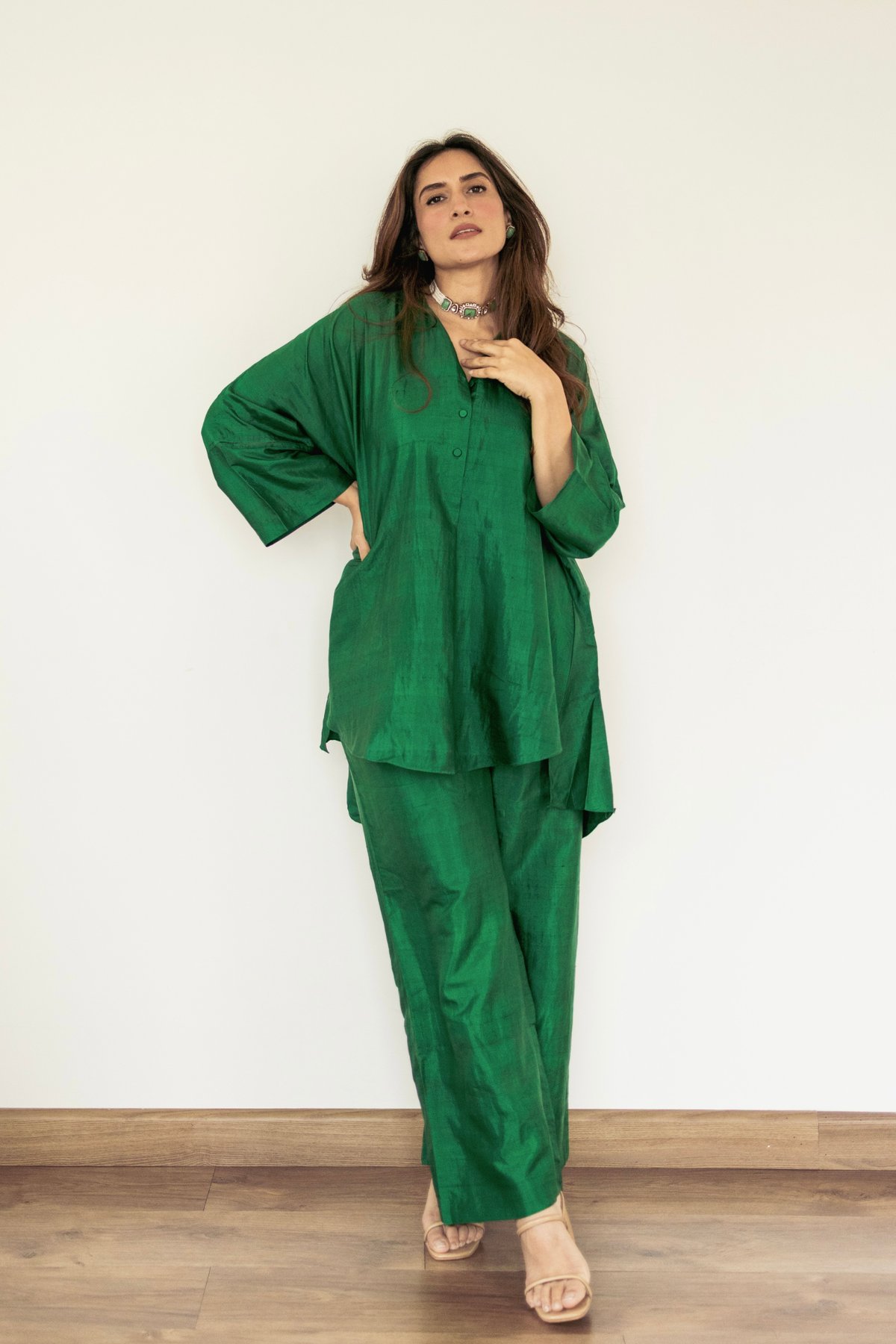 Ira: Silk Kimono Tunic set - Emerald Green