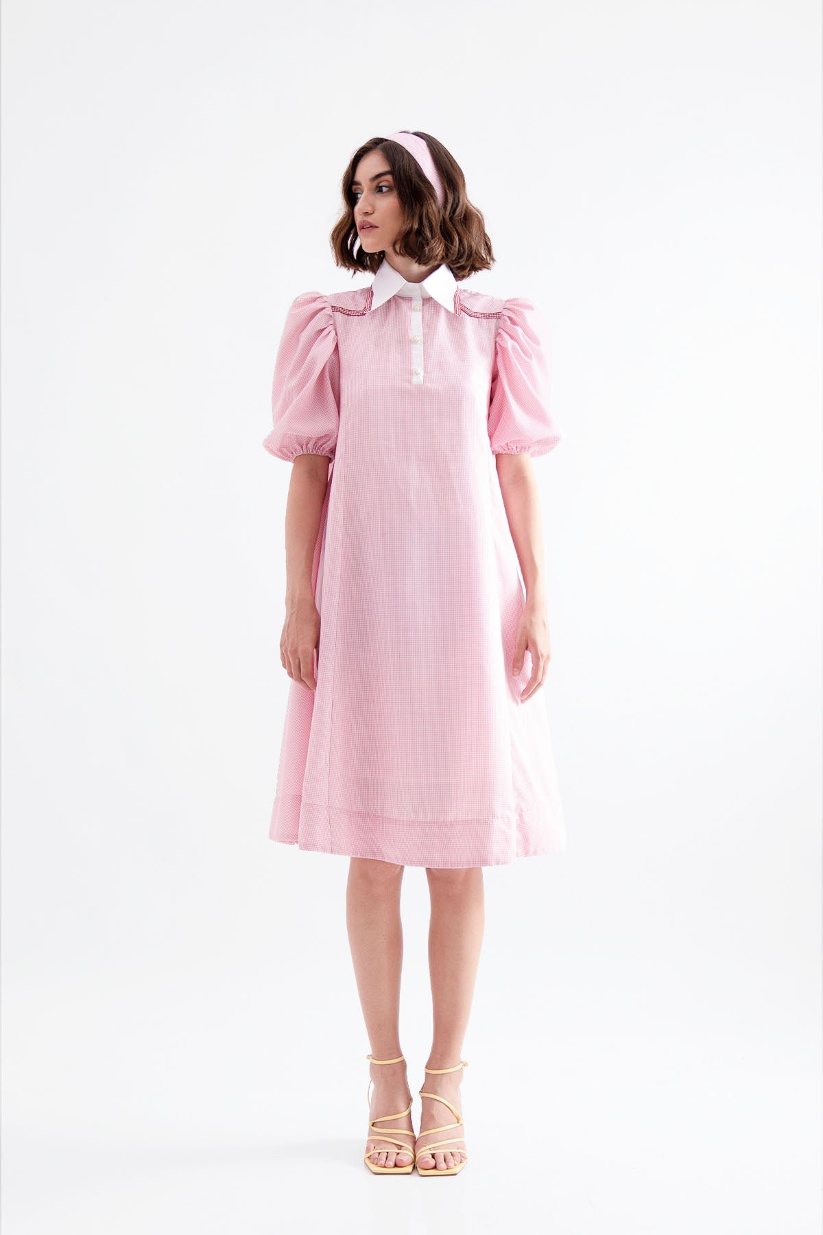 Barbie Pink Gingham Midi Shirt Dress with Puff Sleeves