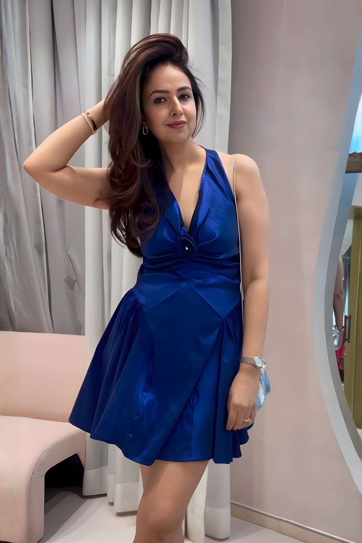 Blue Satin-Finish Fit and Flare Mini Dress with Rosette