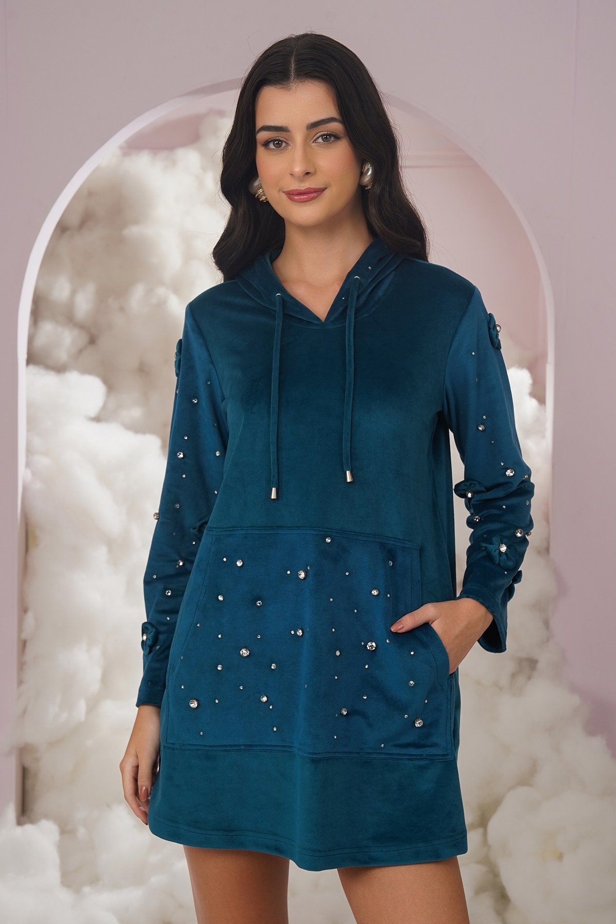 Teal Blue Velvet Embellished Hoodie Mini Dress