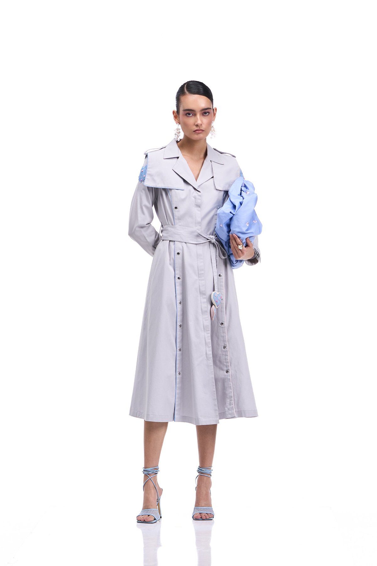 Cloud Grey Cotton Twill Trench Midi Dress With Belt