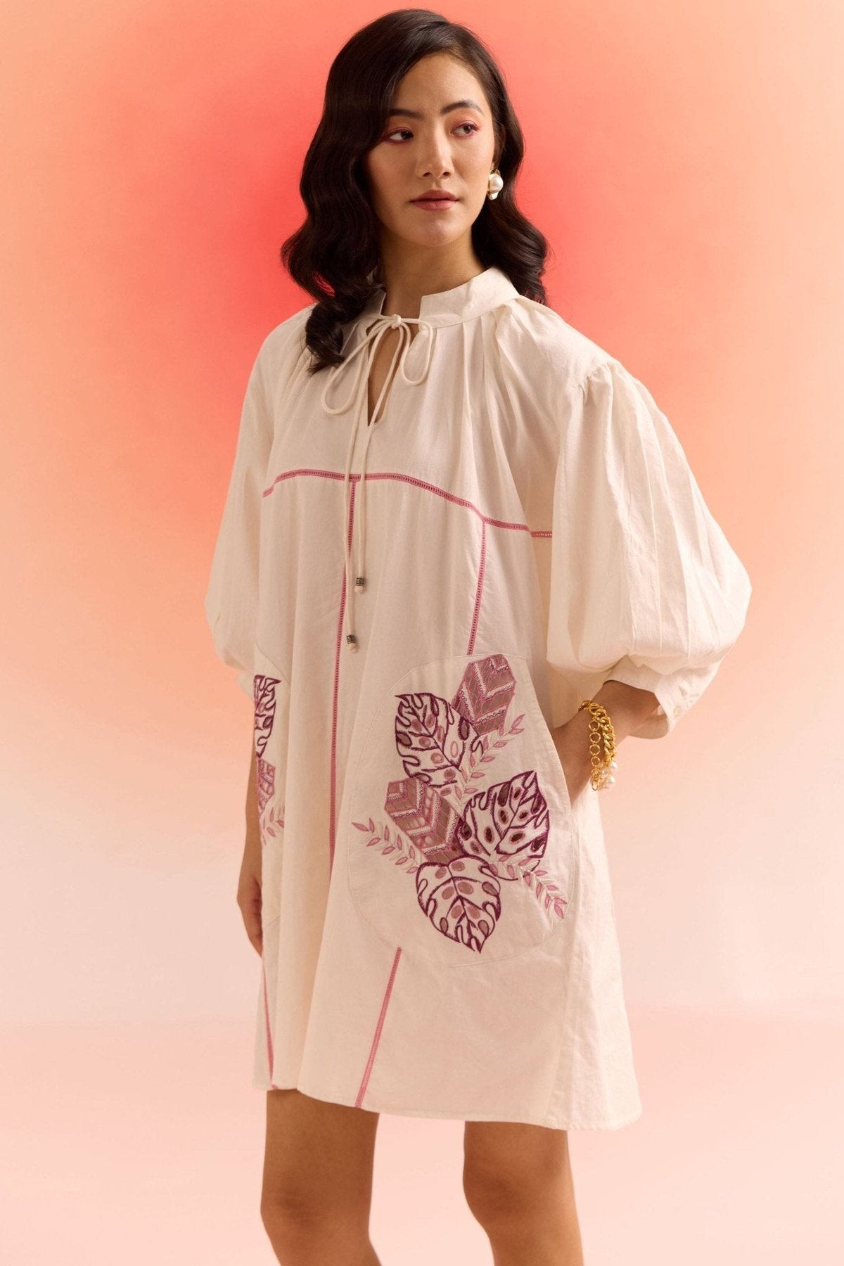 Off-White Oversized A-Line Dress with Tie-Up Neck