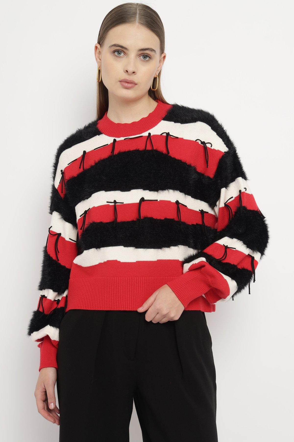Red Striped Faux-Fur Detail Sweater