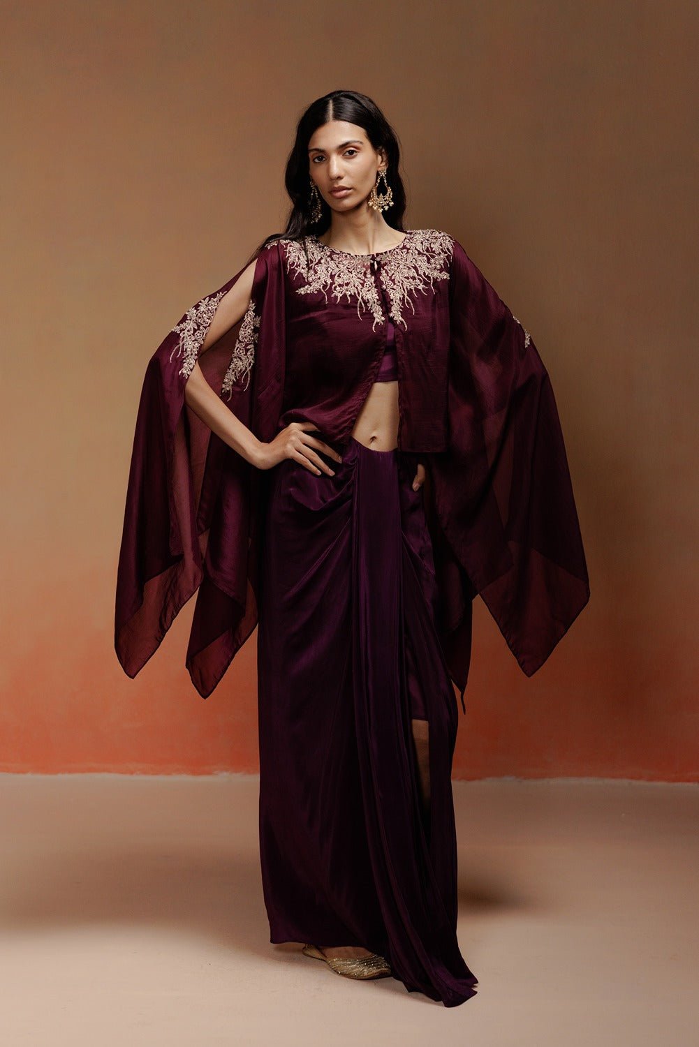 Purple Zari Embroidered Kaftan and Draped Skirt Co-ord Set