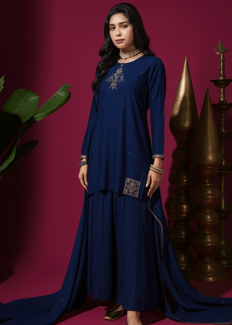 Navy Blue Flower Short Kurta Badla Palazzo Set