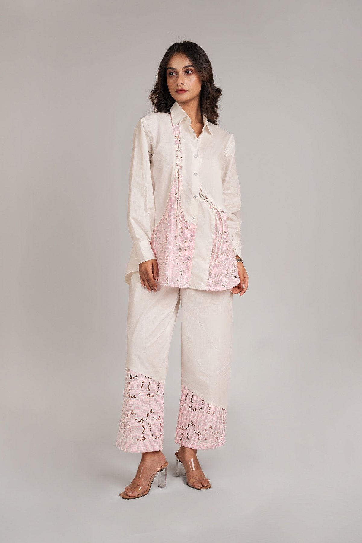 White Cotton Shirt and Pants Co-ord Set with Cutwork Panels