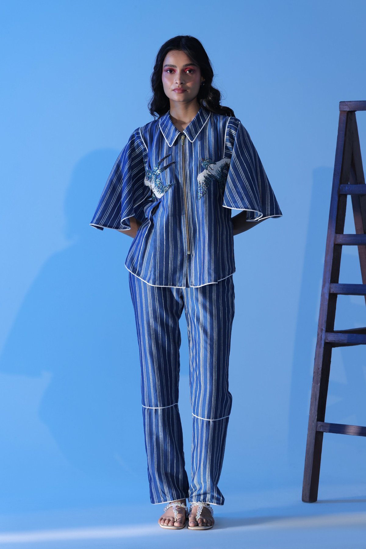 Blue Striped Straight-Leg Trousers with Piping