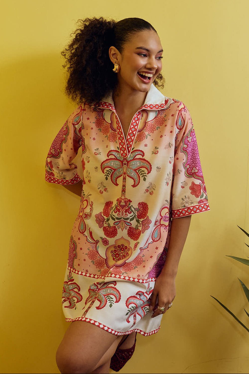 White Printed Mini Shirt Dress in Rayon Slub
