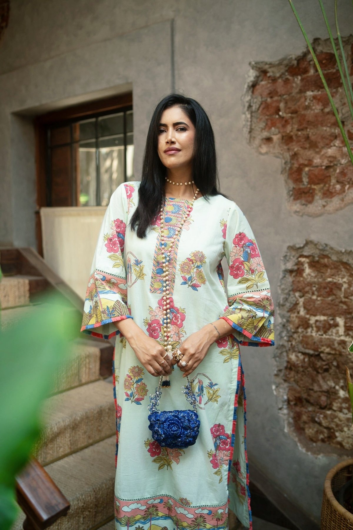 Cool Mint Tropical Print Straight Kurta Set with Pants