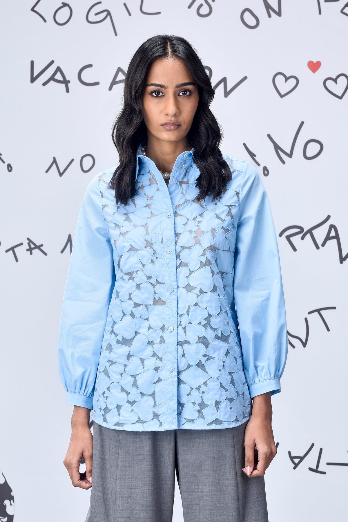 Light Blue Cutwork Applique Button-Down Shirt