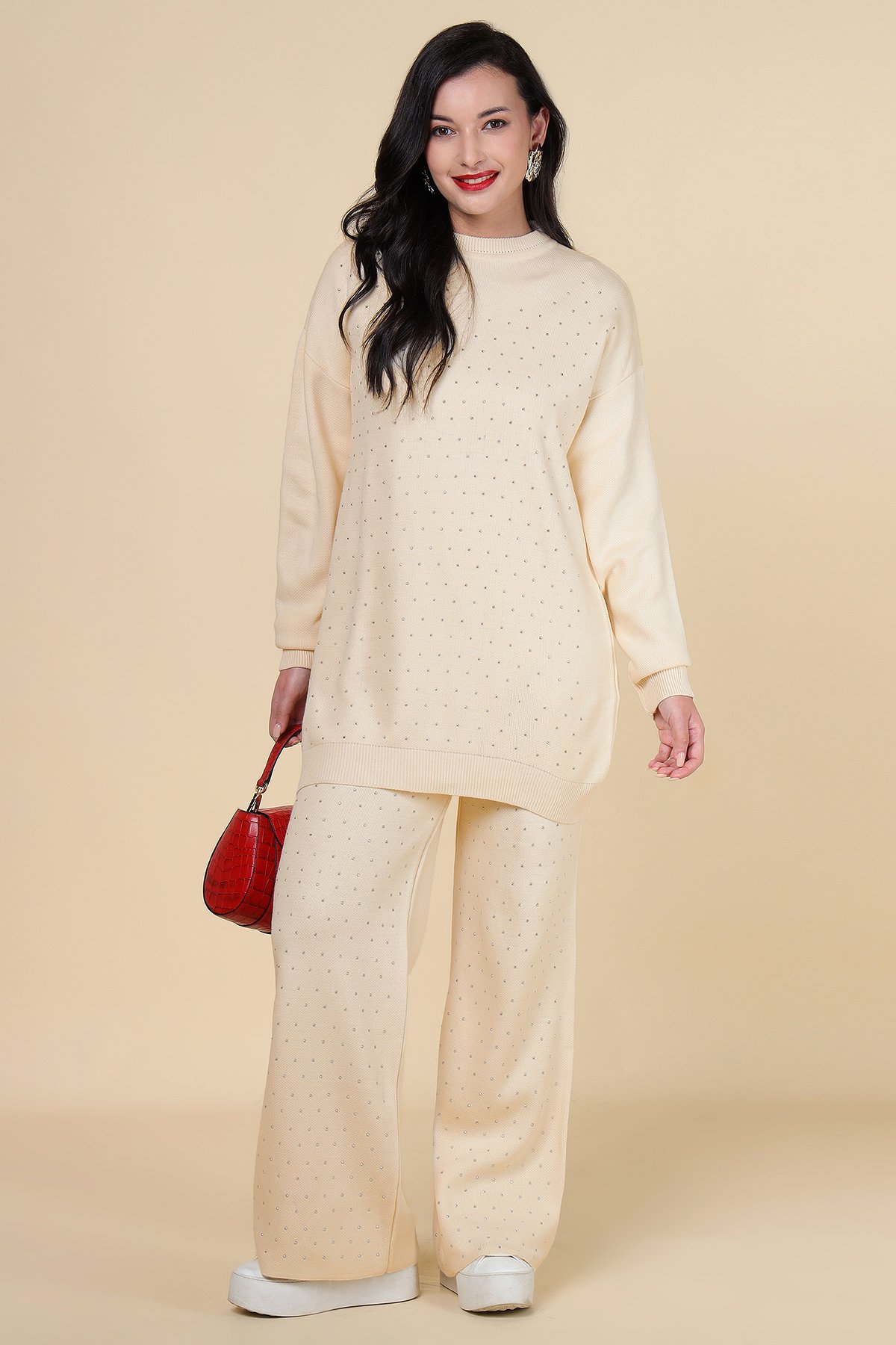Ivory Embellished Knit Co-ord Set with Wide-Leg Pants