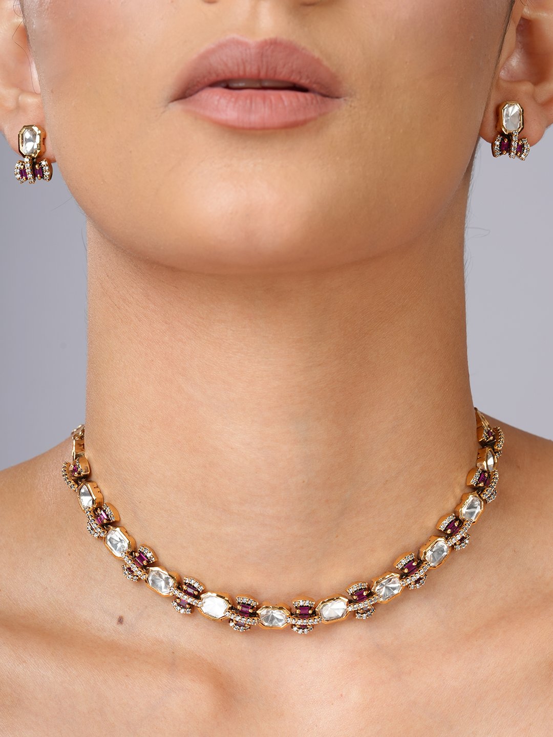 Ruby Polki Line Necklace Set