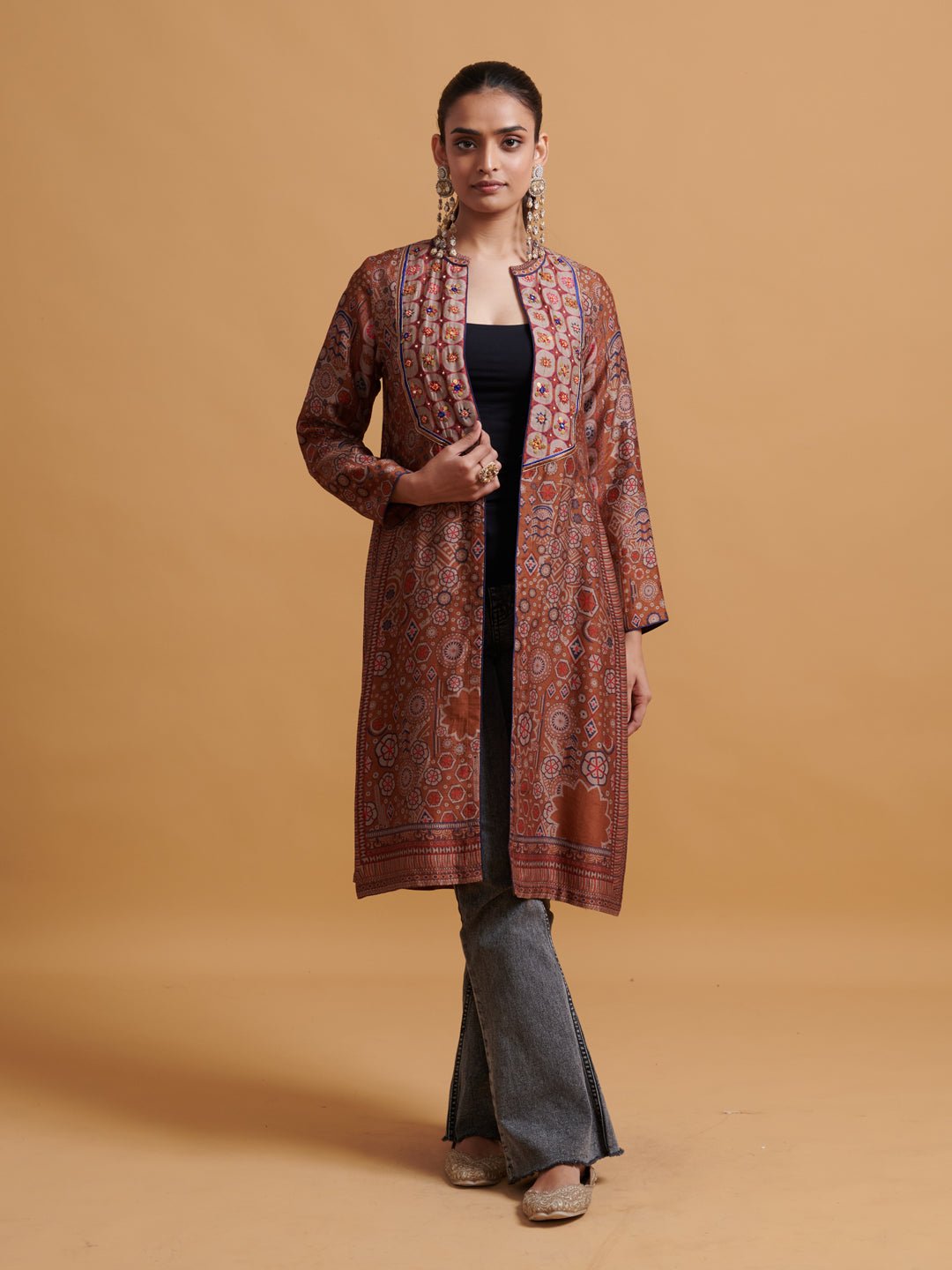 Brown Printed Longline Jacket with Embellished Yoke
