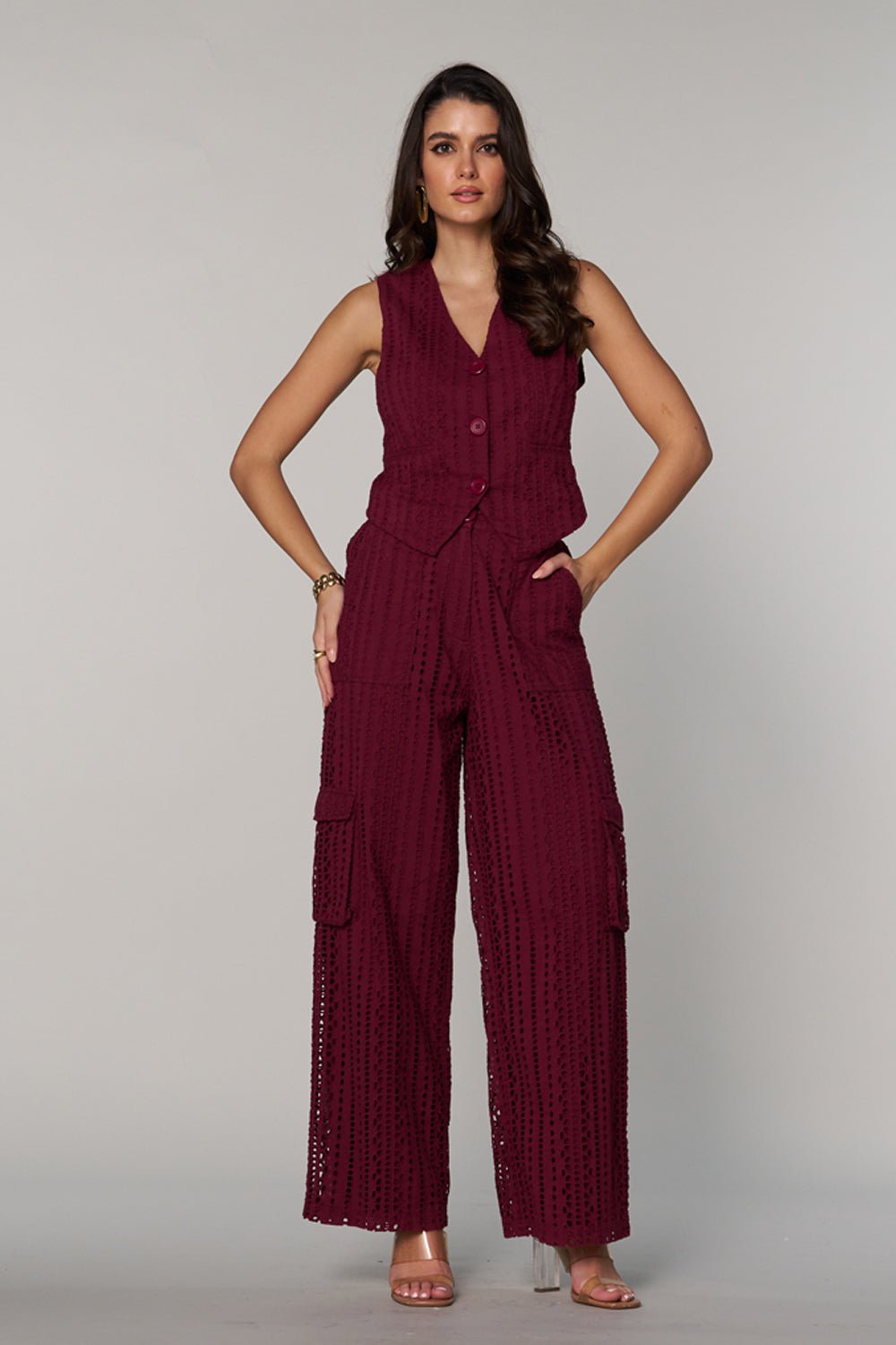Wine Schiffli Cutwork Button-Front Tailored Waistcoat
