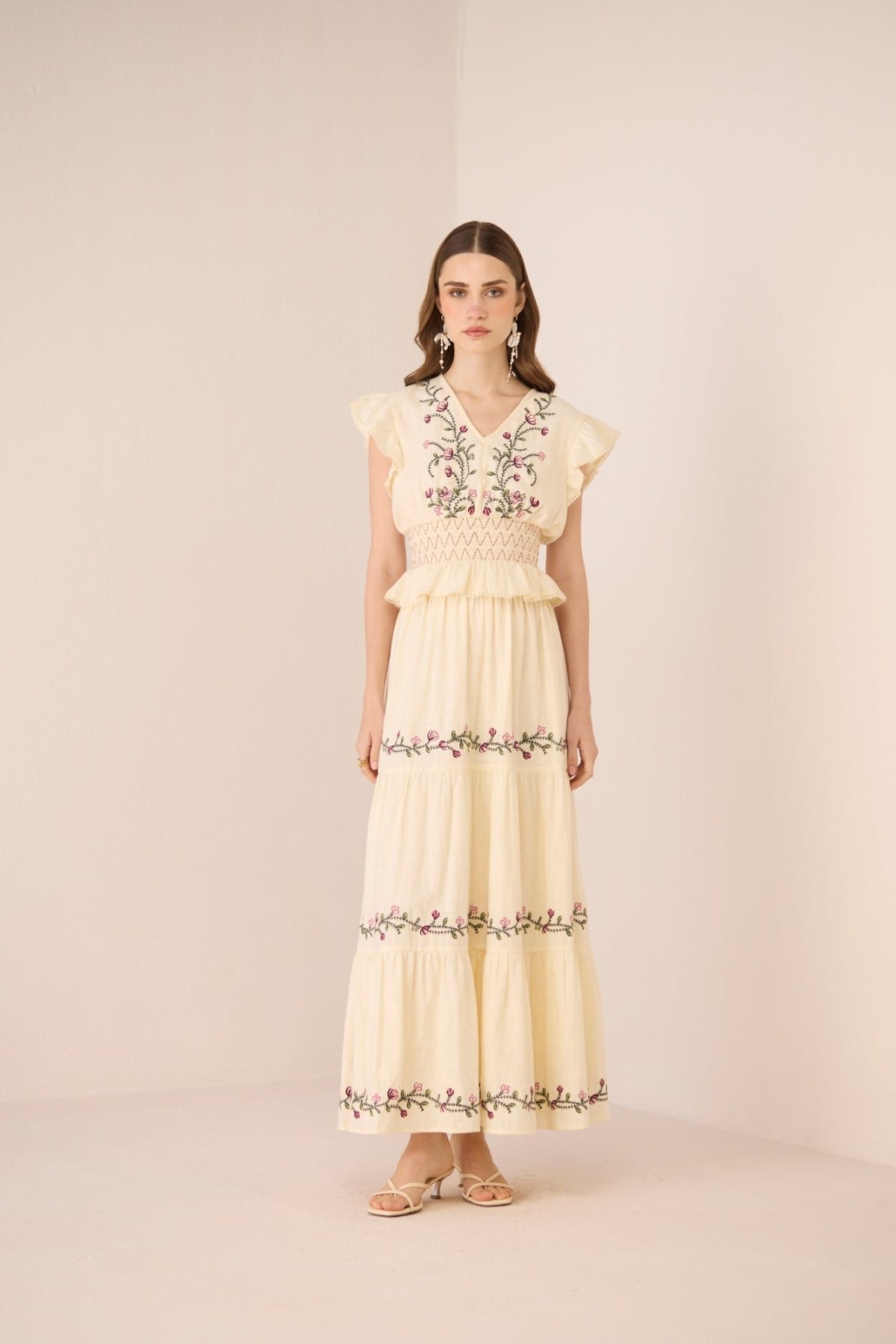 Cream Cotton Tiered Embroidered Maxi Skirt