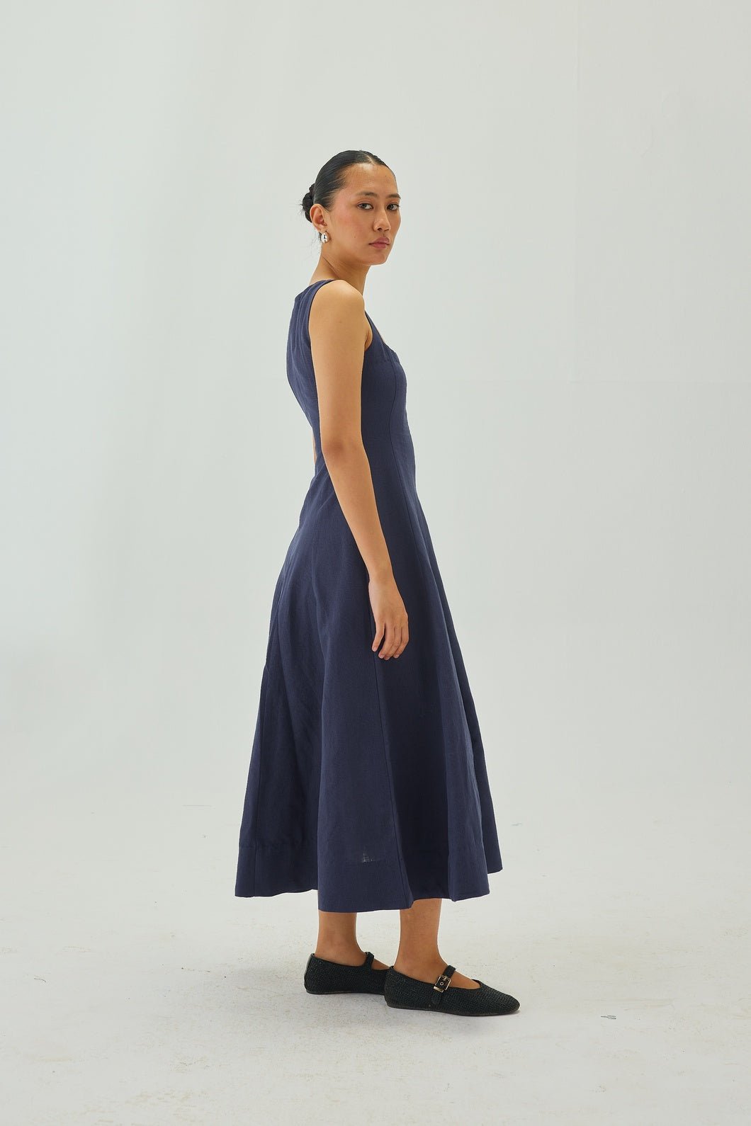 Indigo Linen Square-Neck Fit and Flare Midi Dress