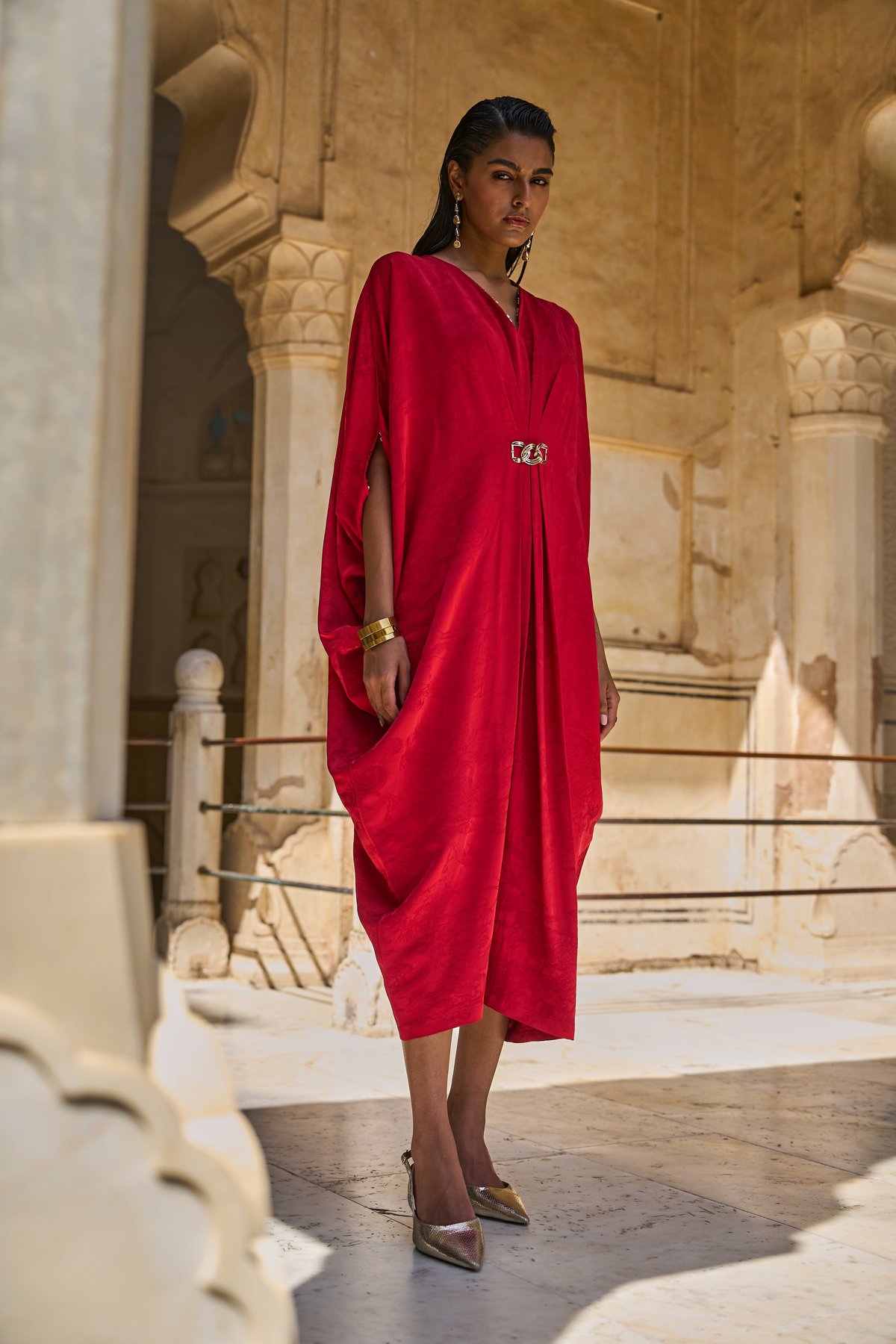Red Draped V-Neck Jacquard Kaftan