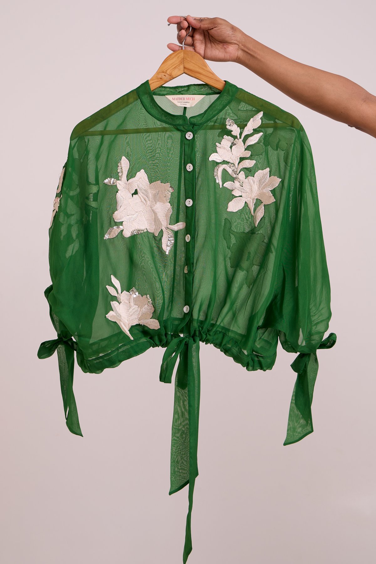 Green Organza Bomber Jacket with Floral Applique