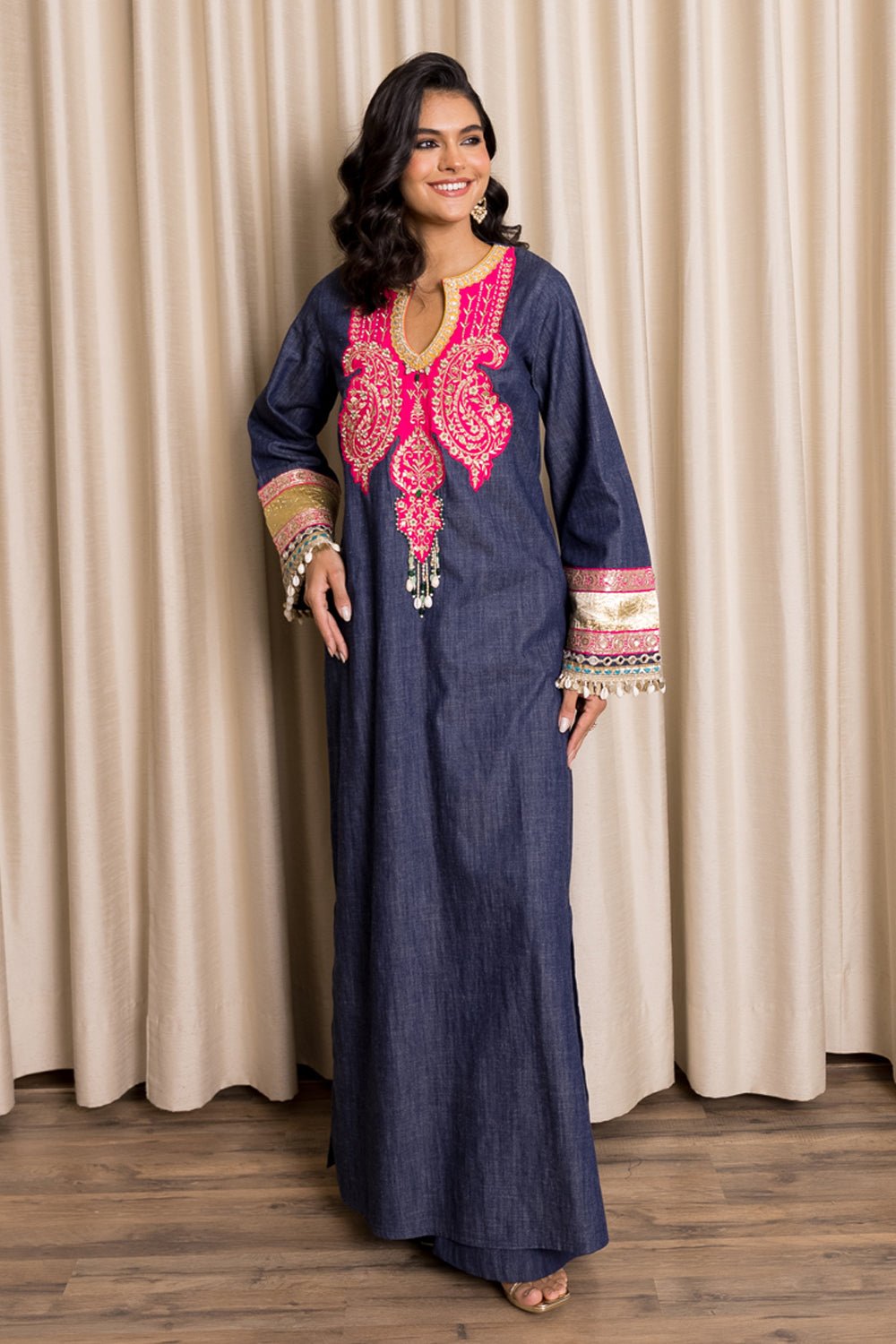 Navy Denim Embroidered Yoke Maxi Kaftan