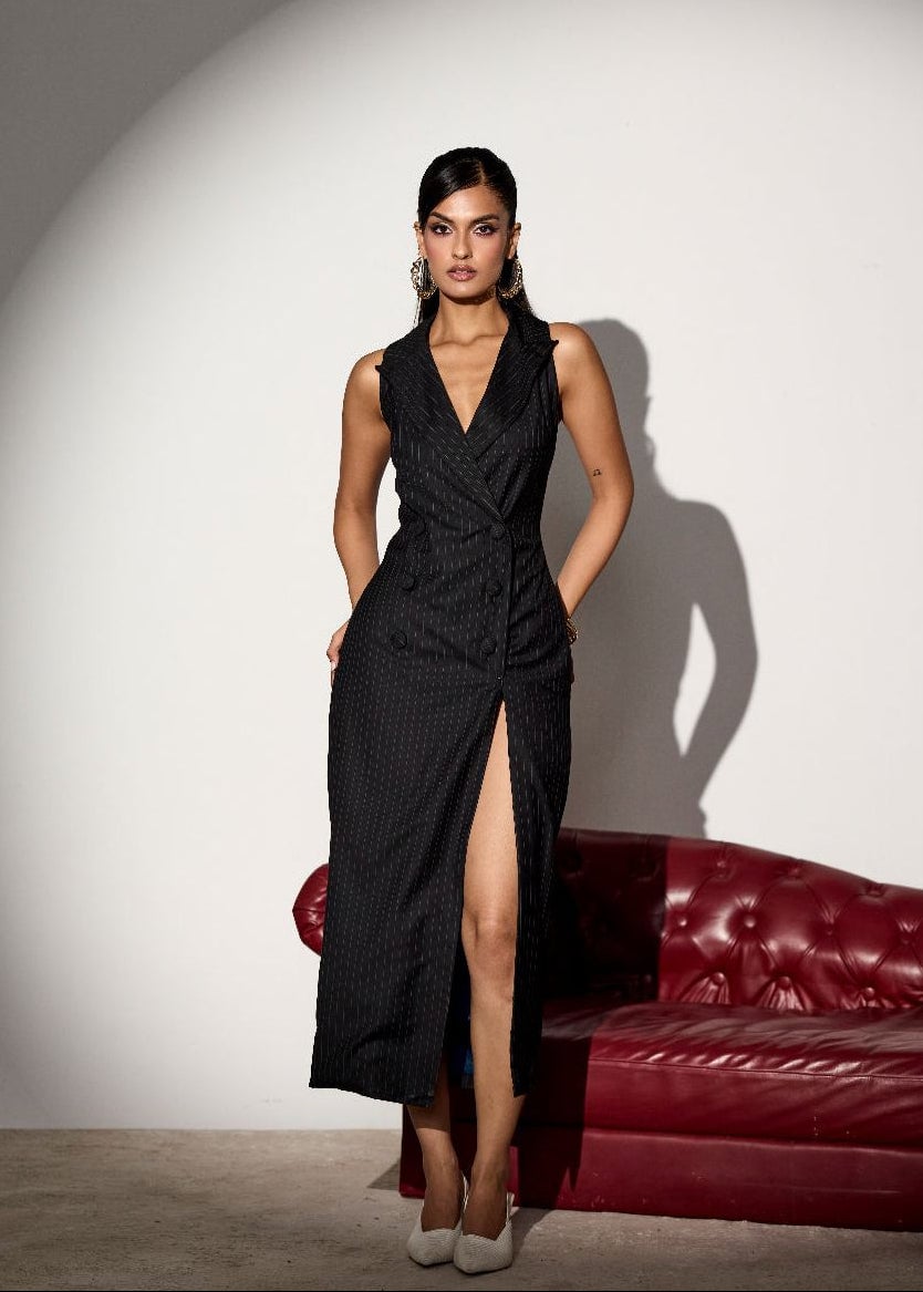 Valeriya Navy Pinstripe Waistcoat Dress
