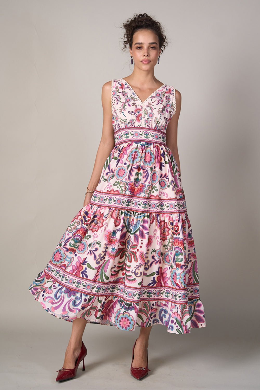 White Watercolor Floral Tiered Maxi Dress