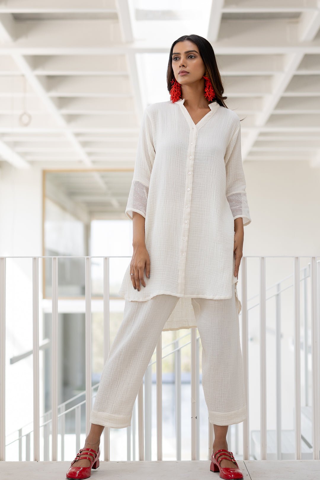 Off-White Cotton Tunic and Straight Pants Co-ord Set