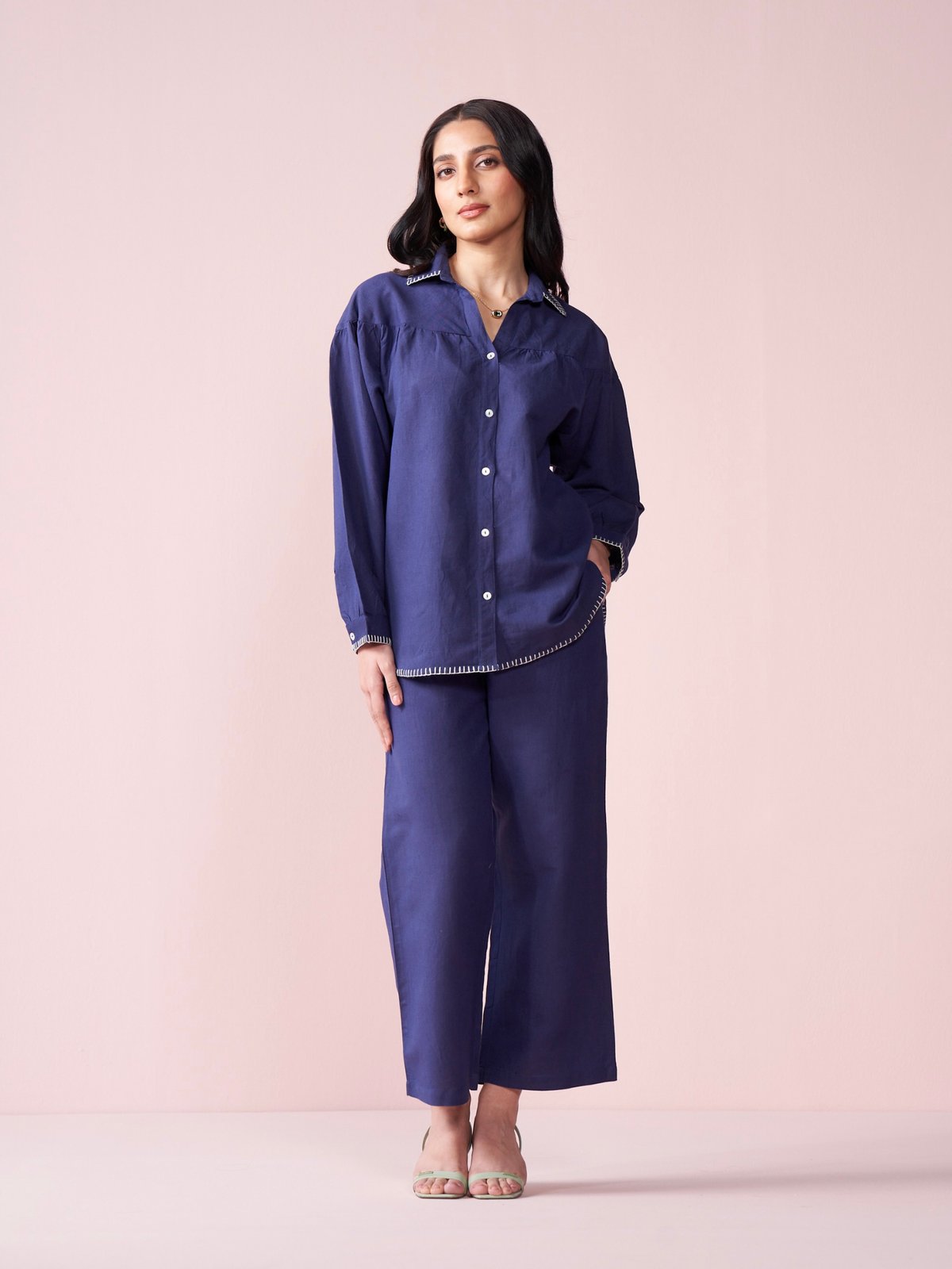 Navy Blue Linen Blend Co-ord Set with Blanket Stitch Trim